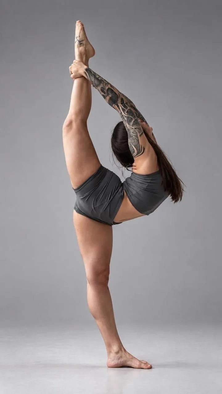 Mariana, entrenadora de flexibilidad, en postura de aguja de pie